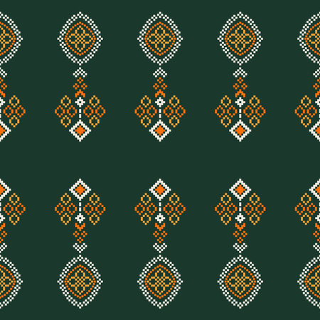 Traditional black ethnic motifs ikat geometric fabric pattern cross stitch.Ikat embroidery Ethnic oriental Pixel green background.Abstract,vector,illustration. Texture,decoration.のイラスト素材