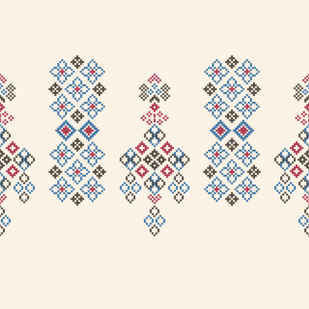 Traditional ethnic motifs ikat geometric fabric pattern cross stitch.Ikat embroidery Ethnic oriental Pixel brown cream background. Abstract,vector,illustration. Texture,wallpaper.のイラスト素材