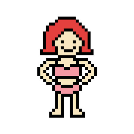 Cute pixel cartoon 8bit character woman bikini or swimming suit game summer beach  vacation for decoration lifestyle female bikini cartoon 8 bit holiday relax pixel art vector.のイラスト素材