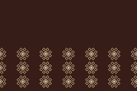 Traditional black ethnic motifs ikat geometric fabric pattern cross stitch.Ikat embroidery Ethnic oriental Pixel brown background.Abstract,vector,illustration. Texture,decoration.のイラスト素材