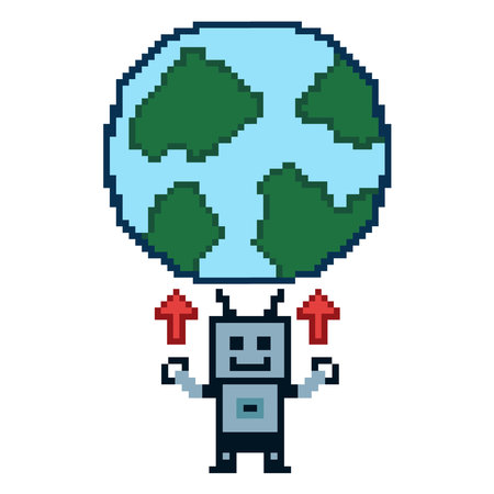 Cute pixel cartoon robot ai 8bit character game robot or AI for education machine learning chat big head 8 bit bot vector technology AI robot.のイラスト素材