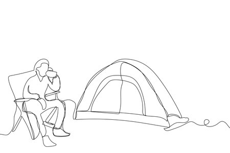 Sketch outline concept minimal travel camp picnic backpack drawing continuous line art. Camping hiking adventure concept hand drawn with white ioslated background. Abstract,vector,のイラスト素材