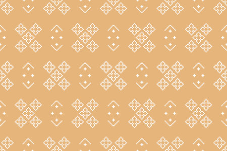 Traditional ethnic motifs ikat geometric fabric pattern cross stitch.Ikat embroidery Ethnic oriental Pixel brown cream label background. Abstract,vector,illustration. Texture.のイラスト素材