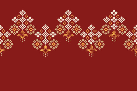 Traditional ethnic motifs ikat geometric fabric pattern cross stitch.Ikat embroidery Ethnic oriental Pixel red background. Abstract,vector,illustration. Texture,christmas,decor.のイラスト素材