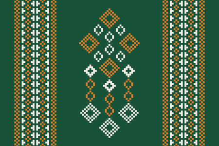 Traditional black ethnic motifs ikat geometric fabric pattern cross stitch.Ikat embroidery Ethnic oriental Pixel green background.Abstract,vector,illustration. Texture,decoration.のイラスト素材