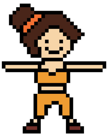 Cute pixel cartoon 8bit character woman exercises training dance lifestyle music decoration life style 8 bit female girl dance with music game fitness isolated vector.のイラスト素材