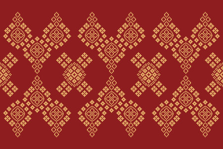 Traditional ethnic motifs ikat geometric fabric pattern cross stitch.Ikat embroidery Ethnic oriental Pixel red background. Abstract,vector,illustration. Texture,christmas,decor.のイラスト素材