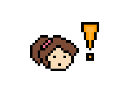 Cute pixel cartoon character woman with exclamation mark decoration 8 bit female girl lady surprise idea exclamation alert cartoon pixel game vector.のイラスト素材