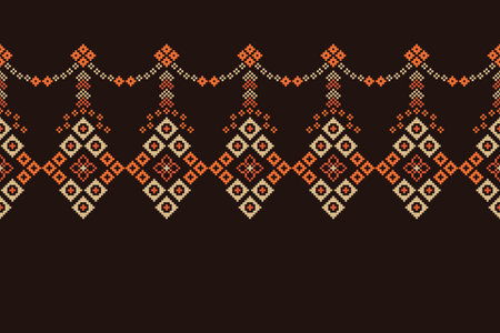 Ethnic traditional motifs ikat geometric fabric pattern cross stitch.Ikat embroidery Ethnic oriental Pixel brown background.Abstract,vector,illustration. Texture,decoration.のイラスト素材