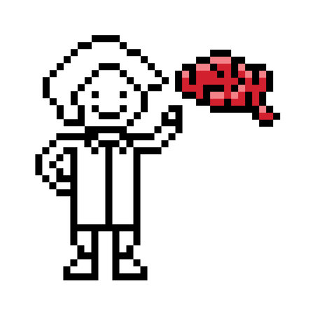 Cute pixel cartoon 8bit character man doctor brain pate scientist game care for decoration pharmacist male doctor uniform brain hospital 8 bit male pixel art game 8bit vector.のイラスト素材