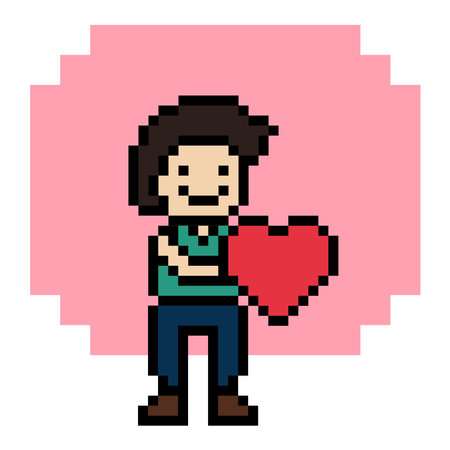 Cute pixel cartoon 8bit character man feel love happy happiness heart emotion decoration in love 8...
