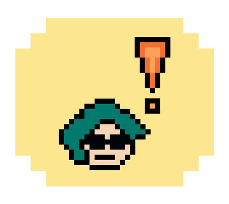 Cute pixel cartoon character man notice with exclamation mark decoration 8 bit male boy surprise...
