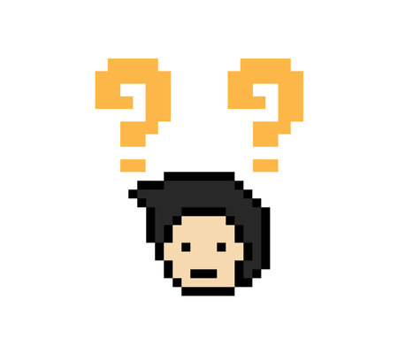 Cute pixel cartoon character man with question mark decoration 8 bit male boy confused idea question...