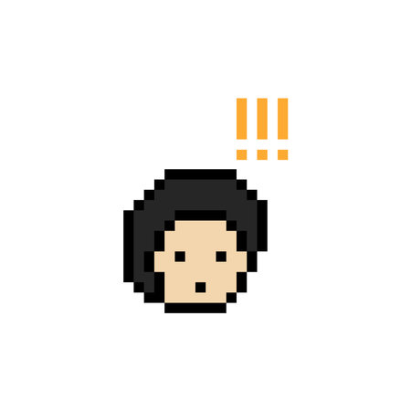 Cute pixel cartoon character man notice with exclamation mark decoration 8 bit male boy surprise...