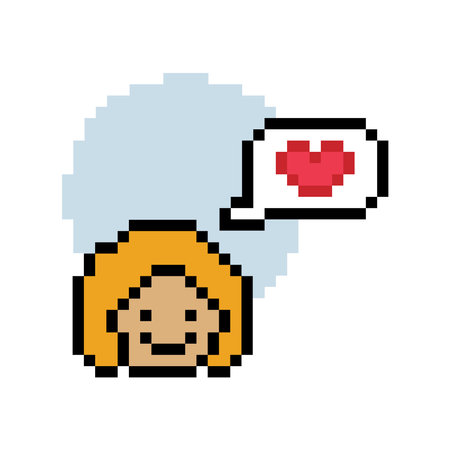 Cute pixel cartoon 8bit character woman lady feel love happy happiness heart emotion decoration in...