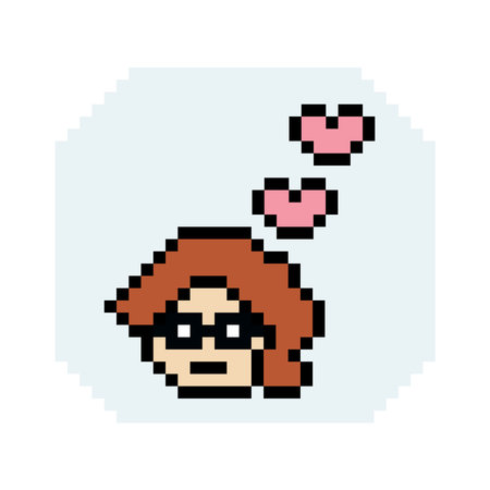 Cute pixel cartoon 8bit character woman lady feel love happy happiness heart emotion decoration in...