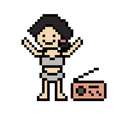 Cute pixel cartoon two piece character woman bikini swimming suit game summer beach vacation decoration lifestyle female bikini 2 piece cartoon 8 bit holiday relax art vector.のイラスト素材