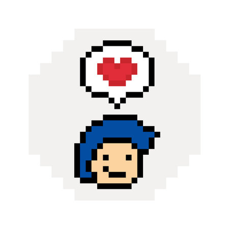 Cute pixel cartoon 8bit character man feel love happy happiness heart emotion decoration in love 8...