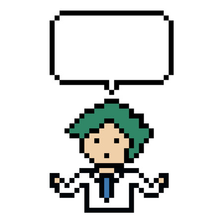 Cartoon pixel cute character man face with chat box blank decoration 8 bit male boy say speak...