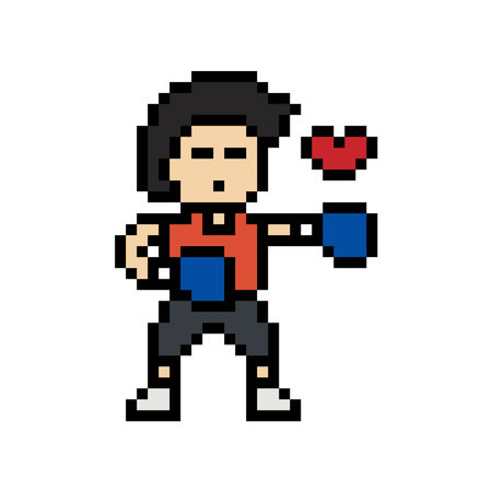 Cartoon cute pixel character man exercises training boxing pugilism punch lifestyle decoration life...