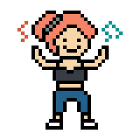 Cartoon pixel art character woman exercises training dance lifestyle music decoration life style 8 bit female girl dance with music game 8bit fitness isolated vector.のイラスト素材