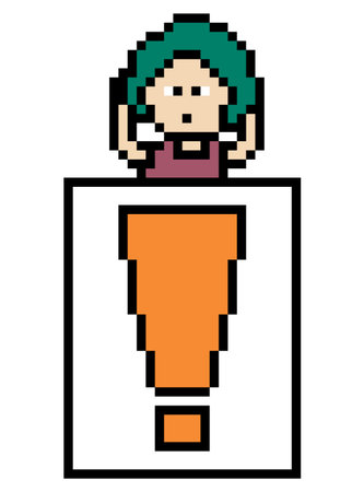 Cute pixel cartoon character man notice with exclamation mark decoration 8 bit male boy surprise idea exclamation alert shock cartoon pixel video game 8bit vector.のイラスト素材