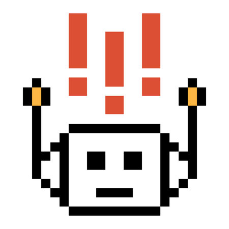 Cute pixel art cartoon robot or AI learning skill with exclamation mark calculate bot robot vector...