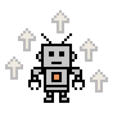 Cartoon pixel art of humanoid robot or ai learning skill robotic chat bot machine business vector...