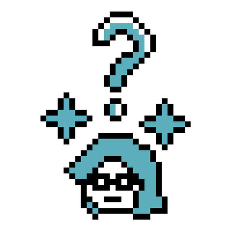 Cute pixel cartoon character woman with question mark decoration 8 bit female girl confused idea question think choose cartoon pixel game lady vector.のイラスト素材