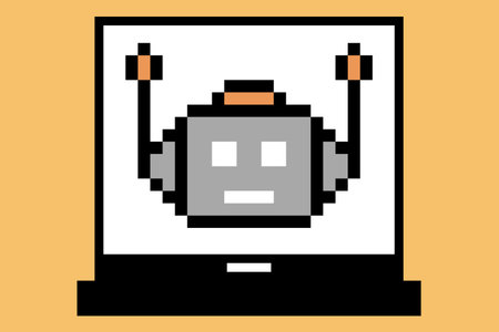Cartoon pixel art of humanoid robot learning toy robotic engineer bot machine business vector character automation electronic background 8 bit artificial intelligence concept.のイラスト素材
