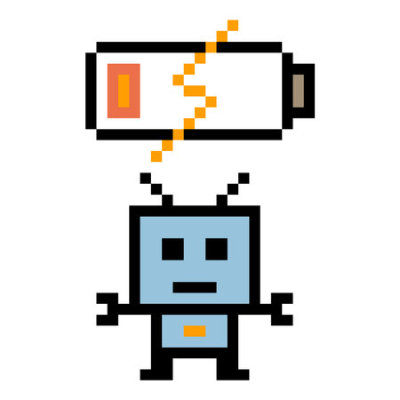 Cartoon pixel art of humanoid robot learning toy robotic engineer bot machine business vector character automation electronic background 8 bit artificial intelligence concept.のイラスト素材