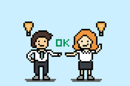Cartoon design cute brainstorming idea team teamwork collaboration with business concept goal community work 8 bit pixel art.のイラスト素材