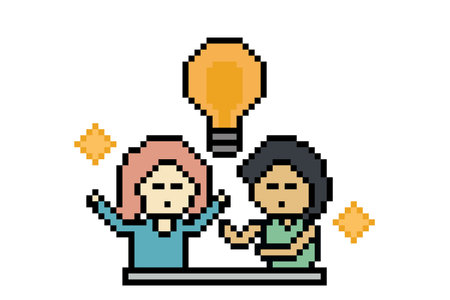Cartoon design cute brainstorming idea team teamwork collaboration with business concept goal community work 8 bit pixel art.のイラスト素材