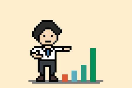 Cartoon cute business man planning research investigation magnifying with chart and graph work office problem 8 bit pixel art.のイラスト素材