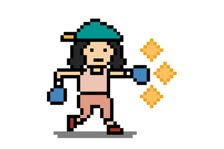 Cartoon 8 bit woman punch boxing jab exercise with active lifestyle girl home workout gym fitness boxer decor.のイラスト素材