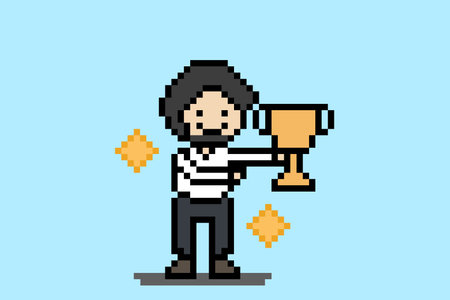 Business cartoon leader, winner, ambition, award, achievement with idea corporate character office work 8 bit pixel design art.のイラスト素材