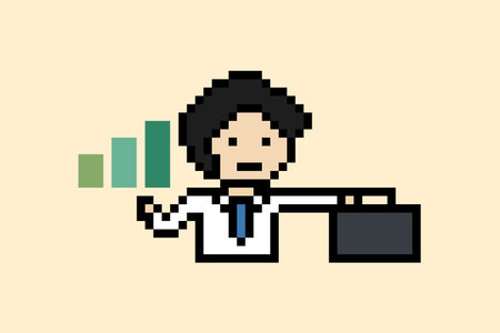 Cartoon business man planning research investigation magnifying with chart and graph professional office problem strategy 8 bit pixel art.のイラスト素材