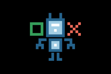 Cartoon pixel art of humanoid robot learning toy robotic engineer bot machine business vector character automation electronic background 8 bit artificial intelligence android.のイラスト素材
