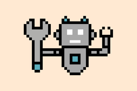 Cartoon of humanoid robot learning toy robotic engineer bot machine business vector character automation electronic background 8 bit artificial intelligence pixel art.のイラスト素材