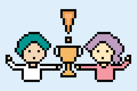 Business cartoon team, partnership,ambition, award, achievement with idea corporate character office work 8 bit pixel design art.のイラスト素材