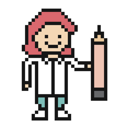 Cartoon doctor or scientist woman care medicine pharmacist uniform hospital with 8 bit,pixel,clinic.のイラスト素材