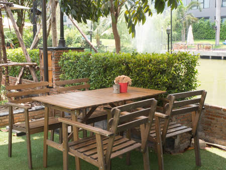 Summer outdoor cafe in a green gardenの写真素材