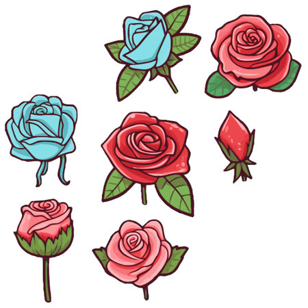 red roses vector collection, blue roses flat design set, graphic rose flower, isolated and transparent background clipart, illustration clip artのイラスト素材