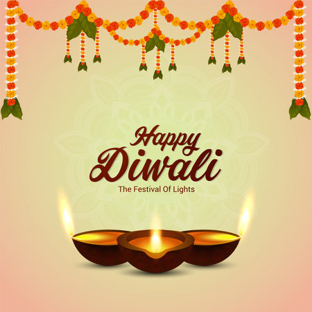 Happy diwali festival of light celebration greeting card with garland flower and diwali diyaのイラスト素材