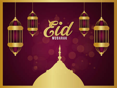 Islamic festival of eid mubarak celebration greeting card with golden lantern