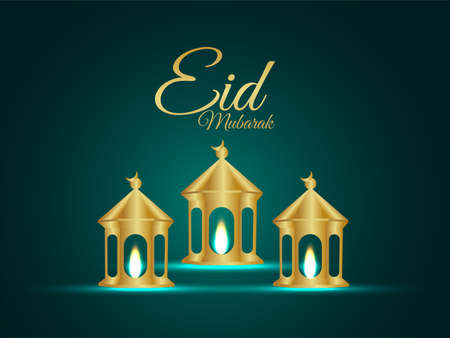 Eid mubarak invitation greeting card with vector illustration of golden lantern on creative...