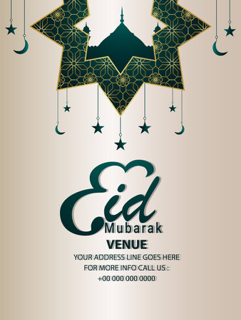 Eid mubarak islamic festival flyer with mosque on pattern hanging backgroundのイラスト素材