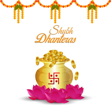 Shubh dhanteras invitation greeting card with vector gold coin pot and lotus flowerのイラスト素材