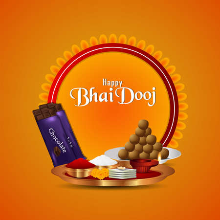 Happy bhai dooj invitation greeting card, with pooja thali and sweetのイラスト素材