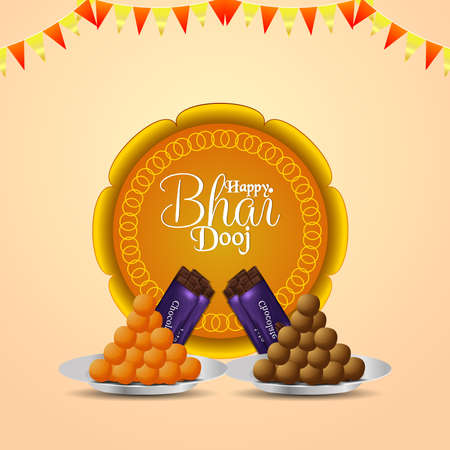 Happy bhai dooj invitation greeting card with creative sweet(Laddoo) and pooja thaliのイラスト素材